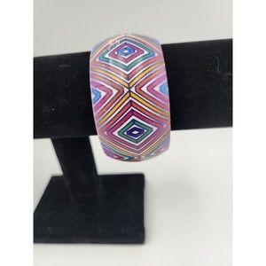 Vintage Bangle Bracelet Wide Chunky Bangle Painted Geometric Pink Purple Orange